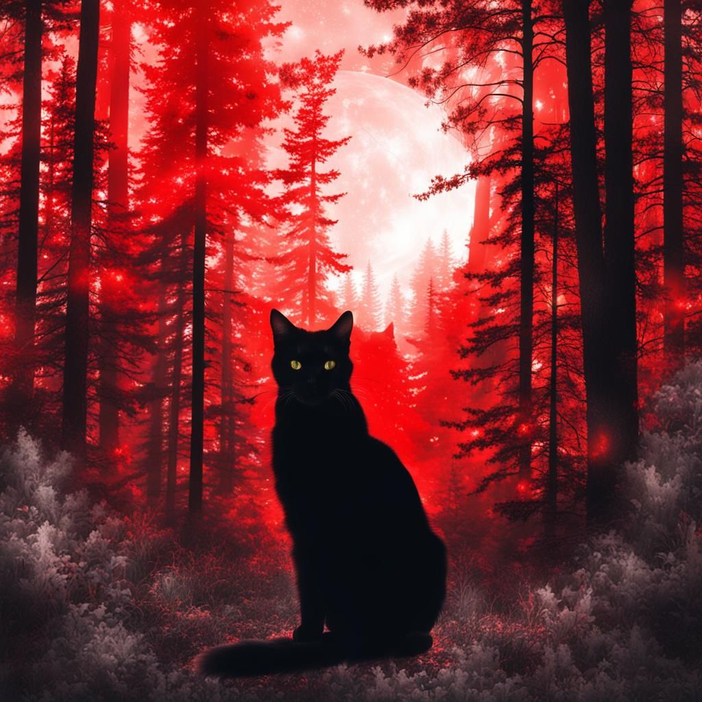 Cryptic Echoes: Black Cat in Red Forest