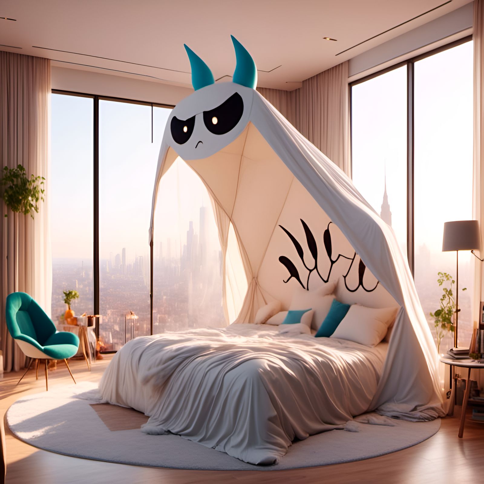 Cartoon Monster Bed in Bright White Bedroom