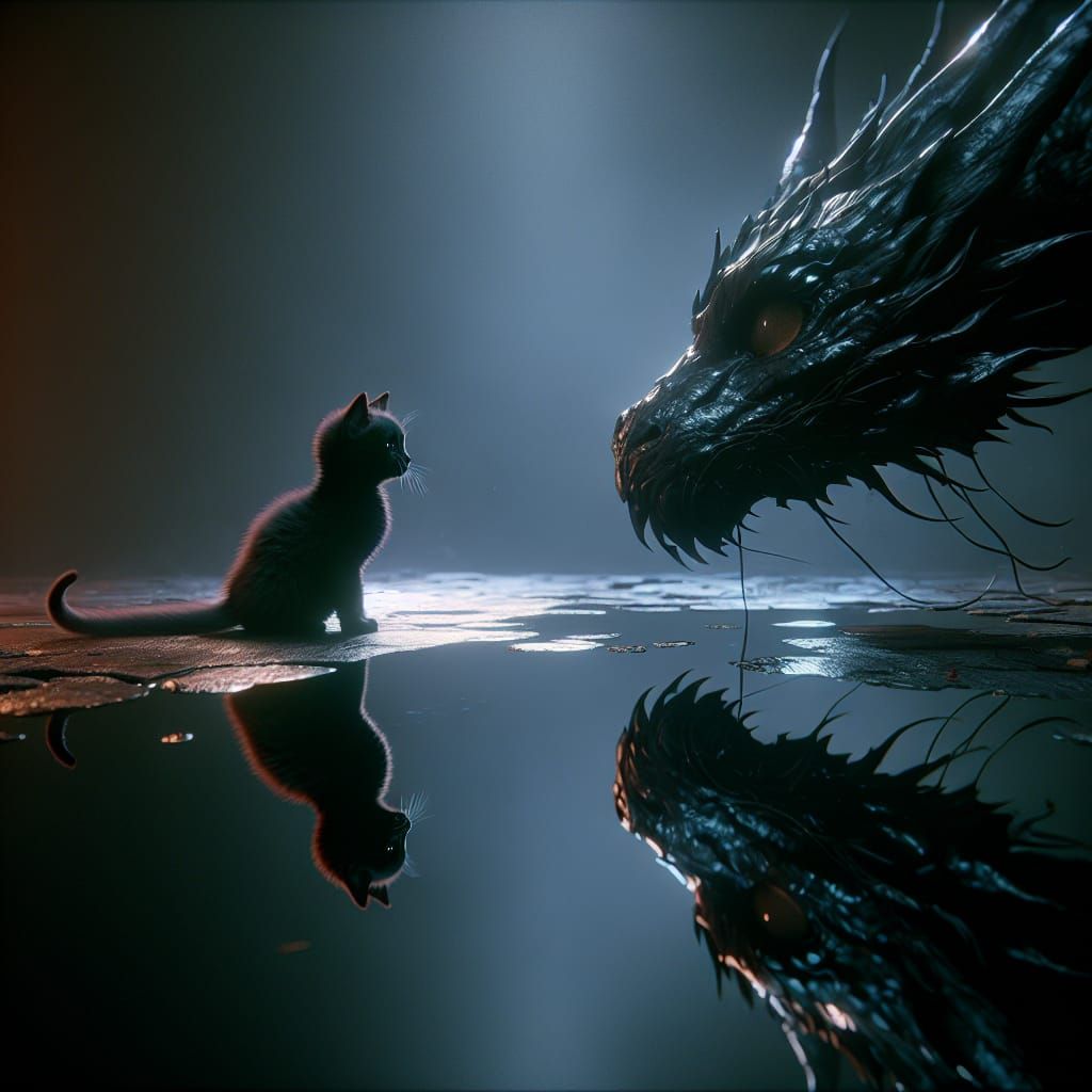 Cat and Dragon Reflection in Matte Painting Style