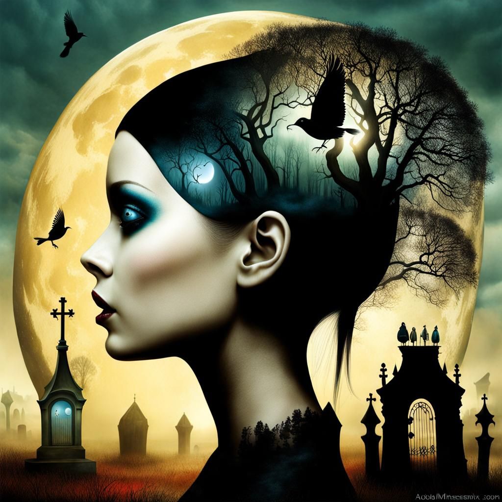 Whimsical Cemetery in Double Exposure Ink Illustration