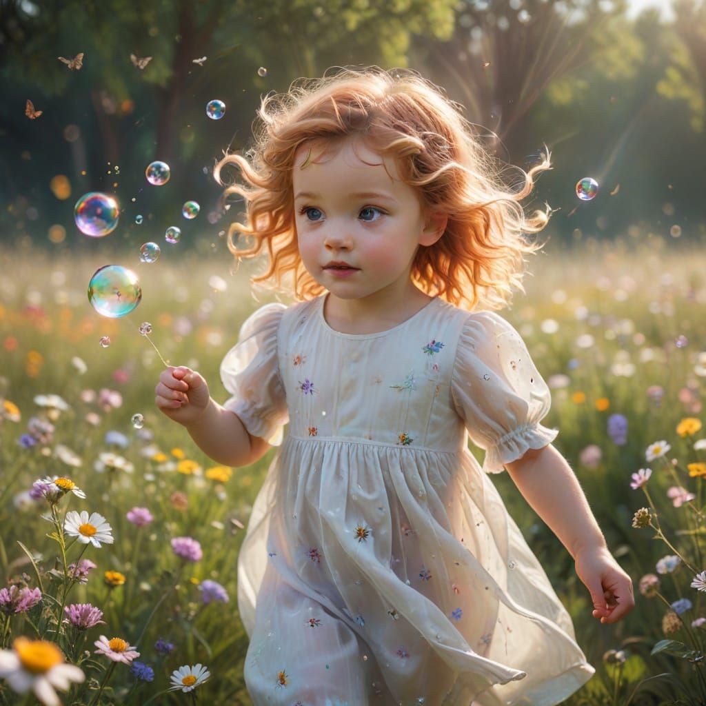 Toddler Chasing Rainbow Bubbles in Wildflower Field