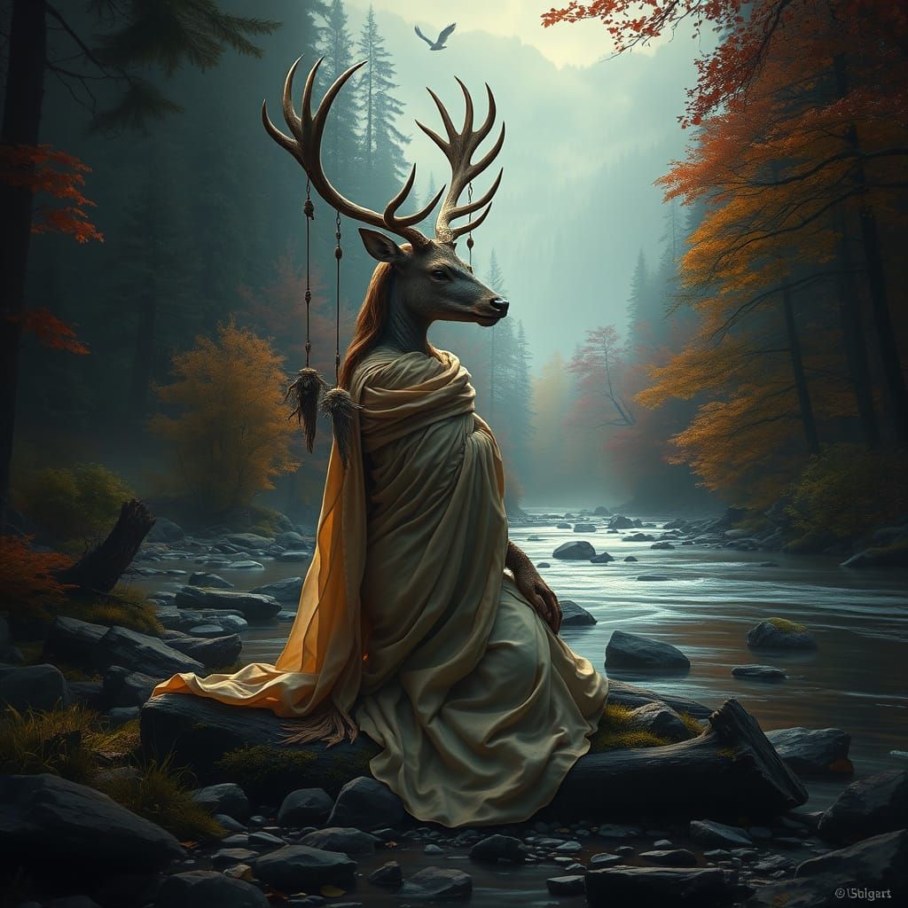 Anthropomorphic Deer Shaman in Autumn Forest