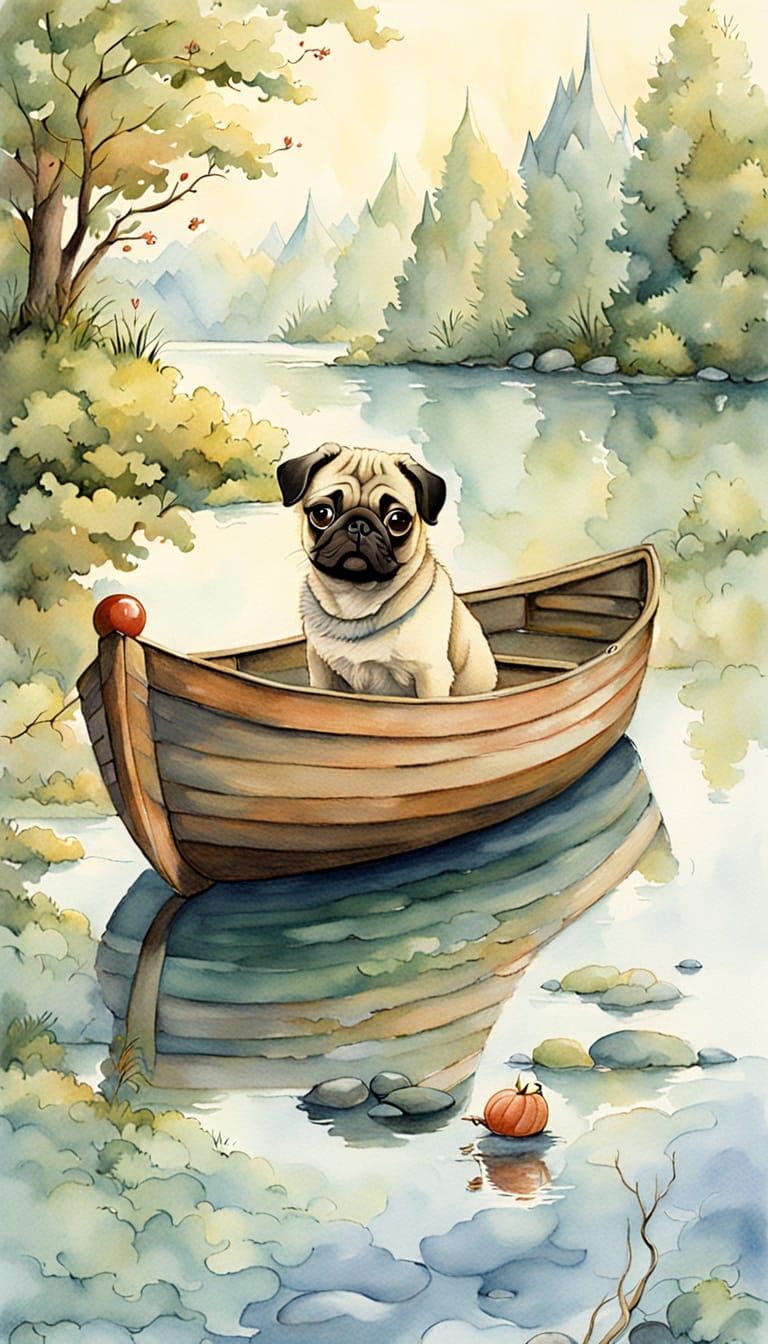 Soothing Watercolor Portrait of a Pug in a Serene Lake Scene
