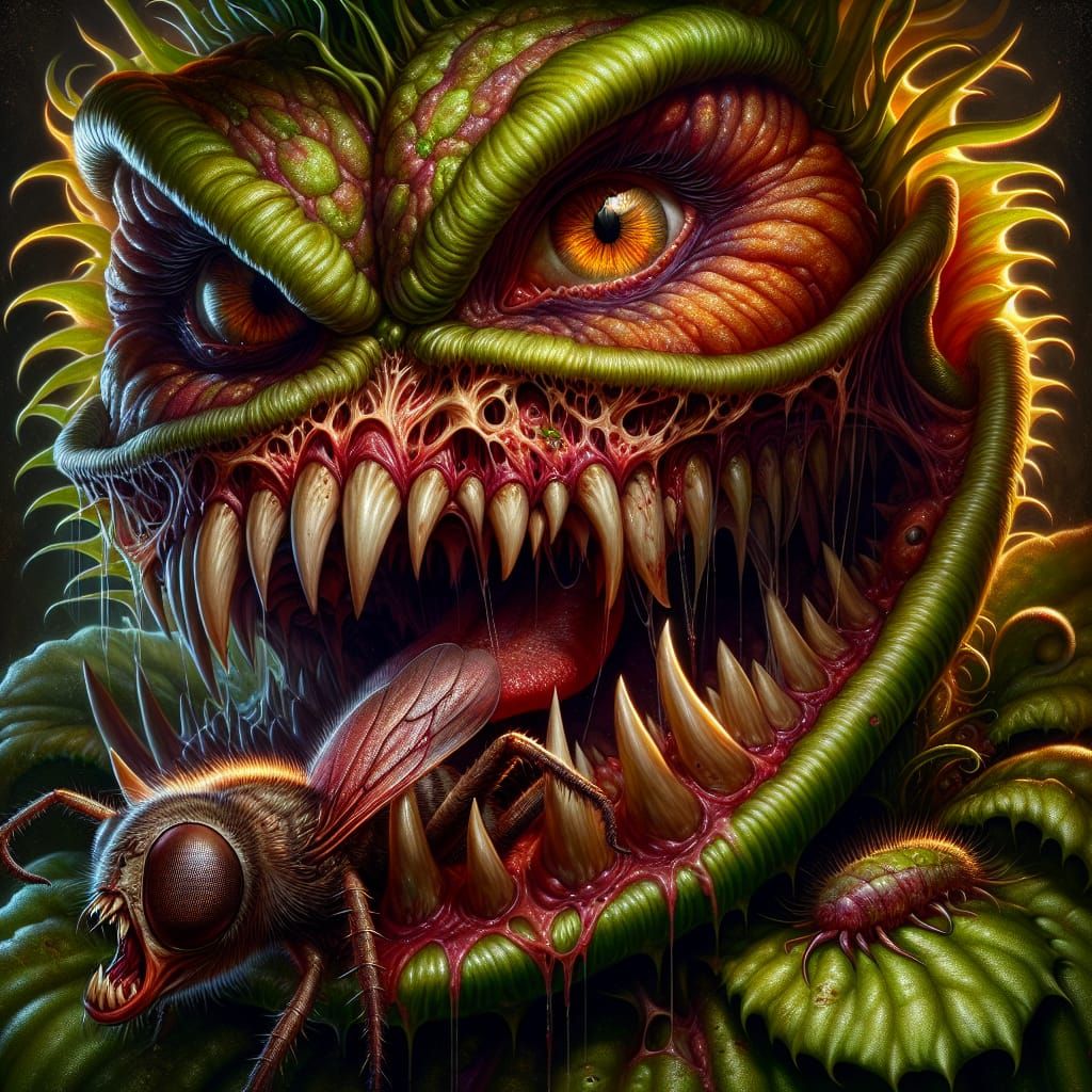 Terrible ugly carnivorous plant with eyes, huge teeth chewin...