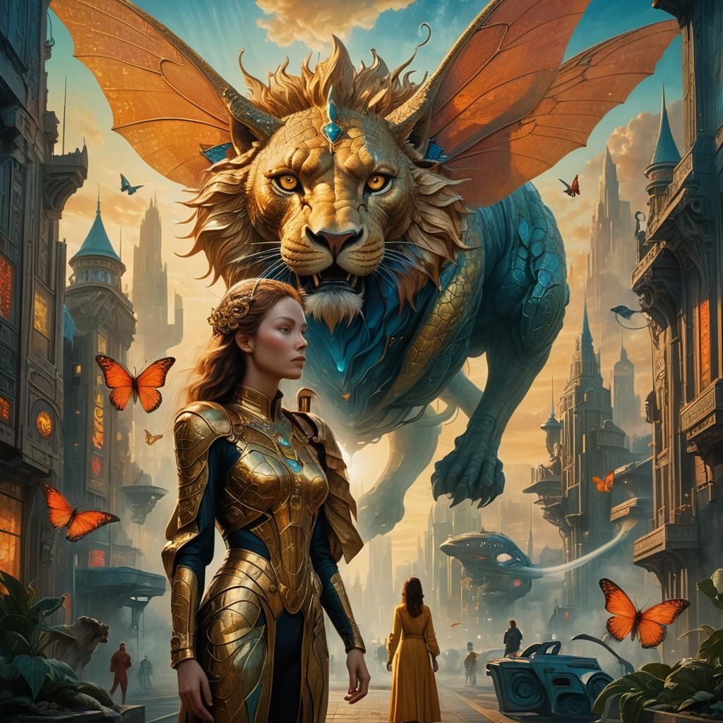 Futuristic Cityscape with Mythical Creatures in Fantastic Re...