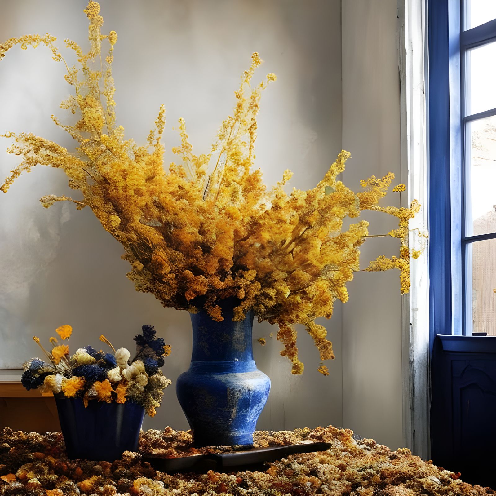 Hyperrealistic Flowers on Butcher Table, Vermeer Style