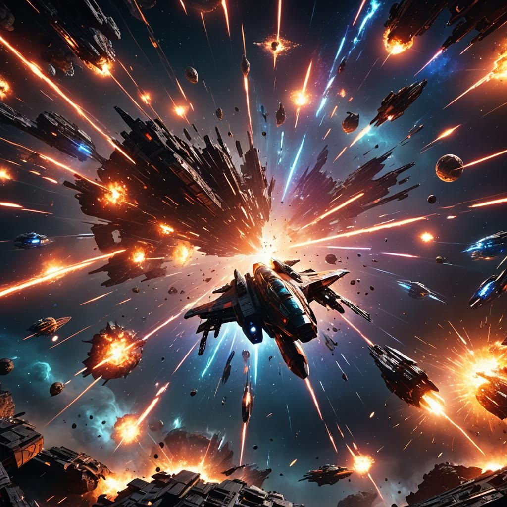 Epic Space Battle in Neon Digital Art Style