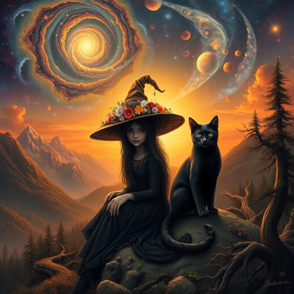 Fantasy Witch with Cat in Dreamlike Landscape