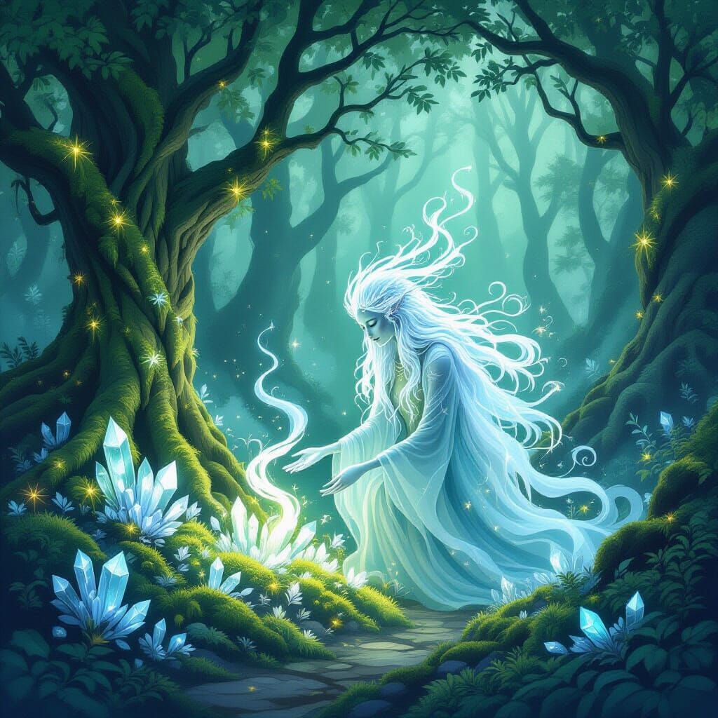 Ethereal Forest Spirit Tending Crystal Garden