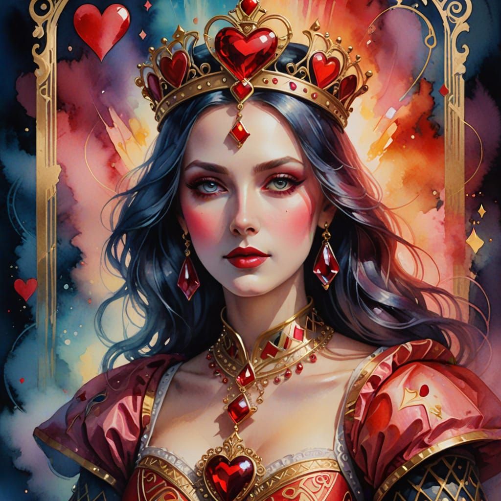 Futuristic Queen of Hearts in Romantic Watercolor Style