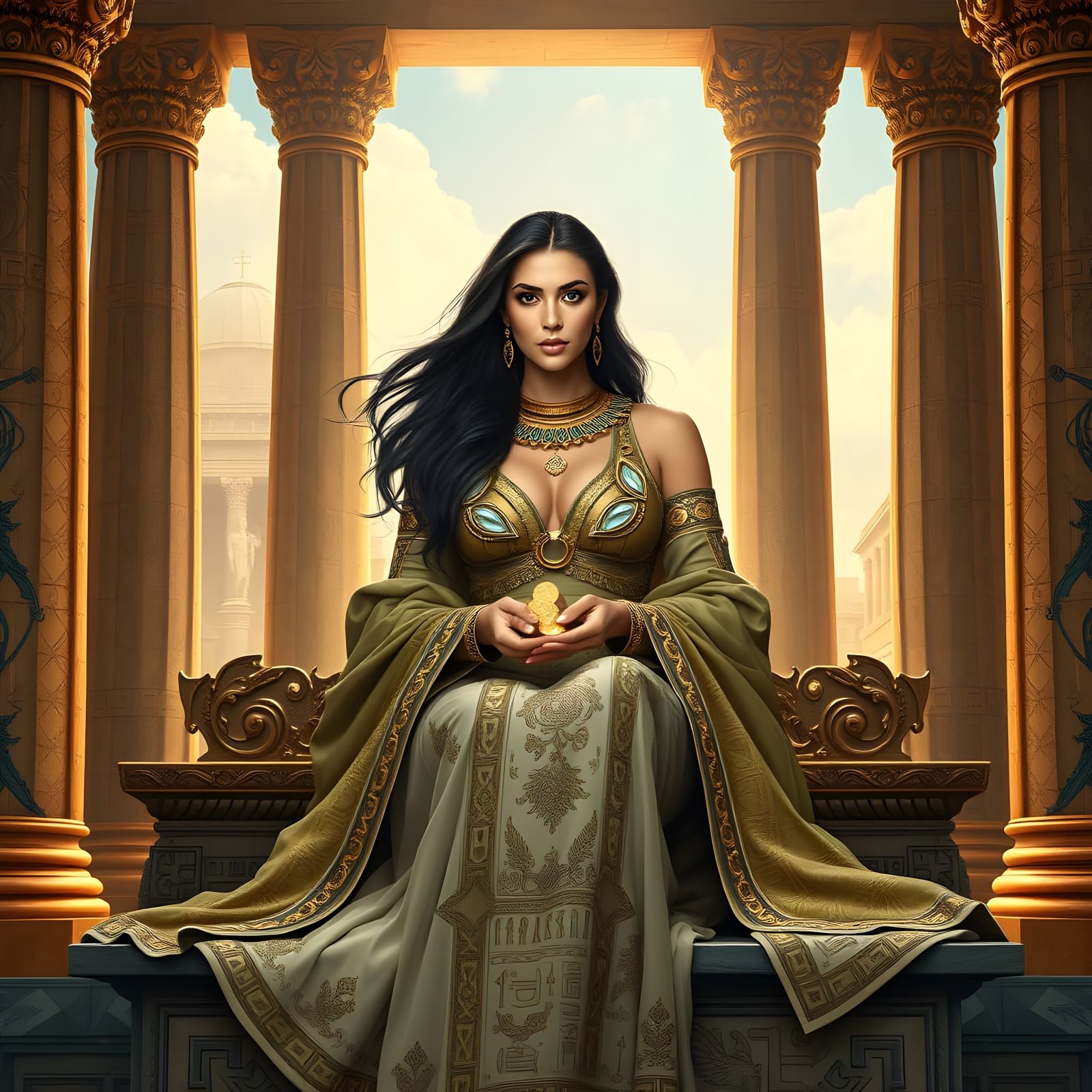 Busty Sumerian Priestess Sitting on an Altar in a Babylon Te...