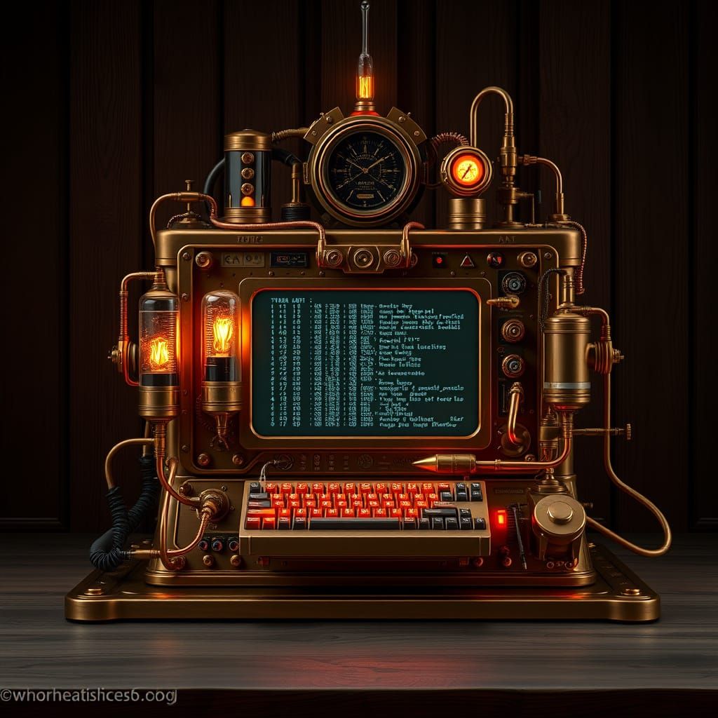 Steampunk Computer Terminal in Victorian-Era Science Fiction...