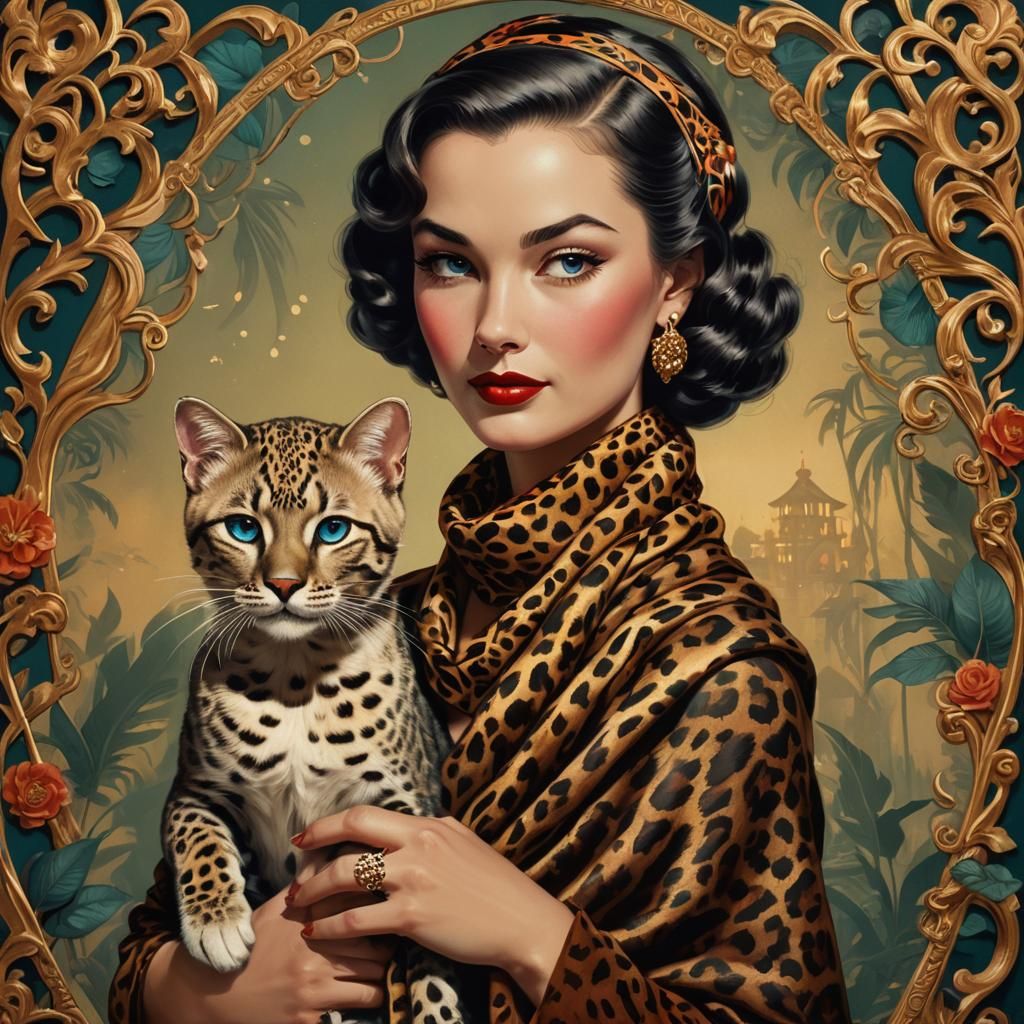 1950s Pin-Up with Siamese Cat in Art Nouveau Style