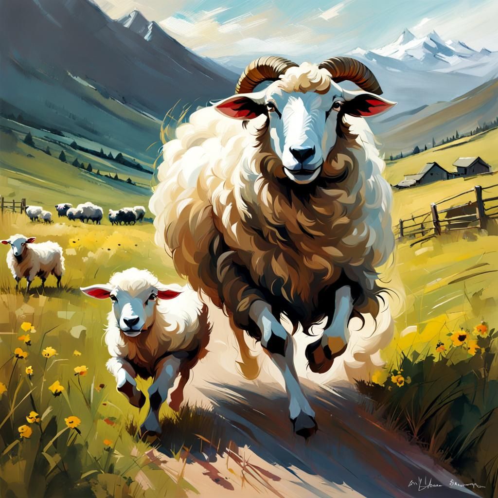Sheep and Lamb Running: Digital Sketch Painting