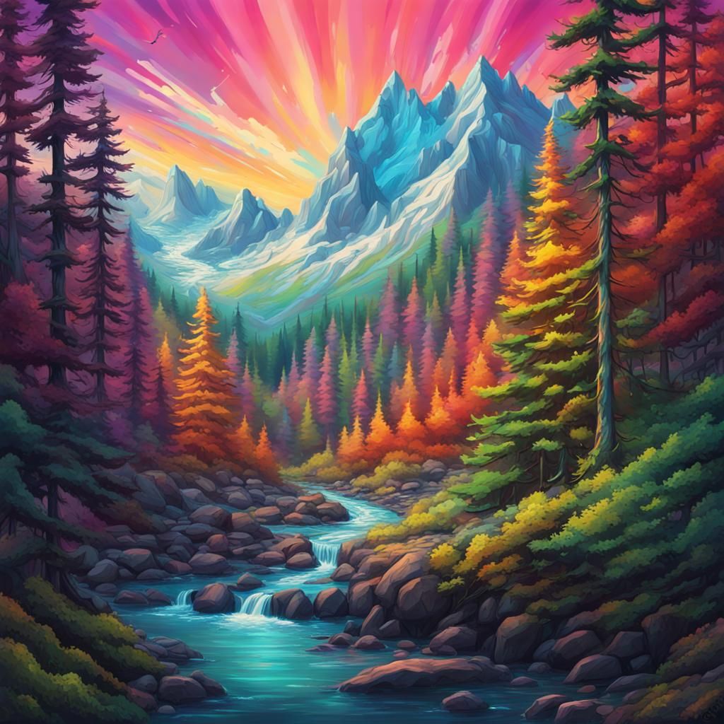 Psychedelic Canadian Mountain Forest in Splash Art Style