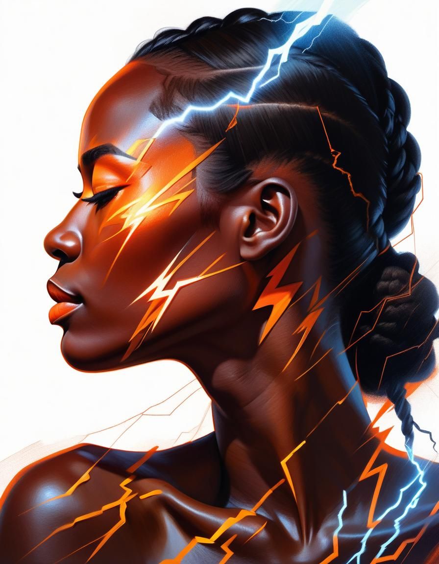Woman in Profile with Neon Lightning, Oil Painting