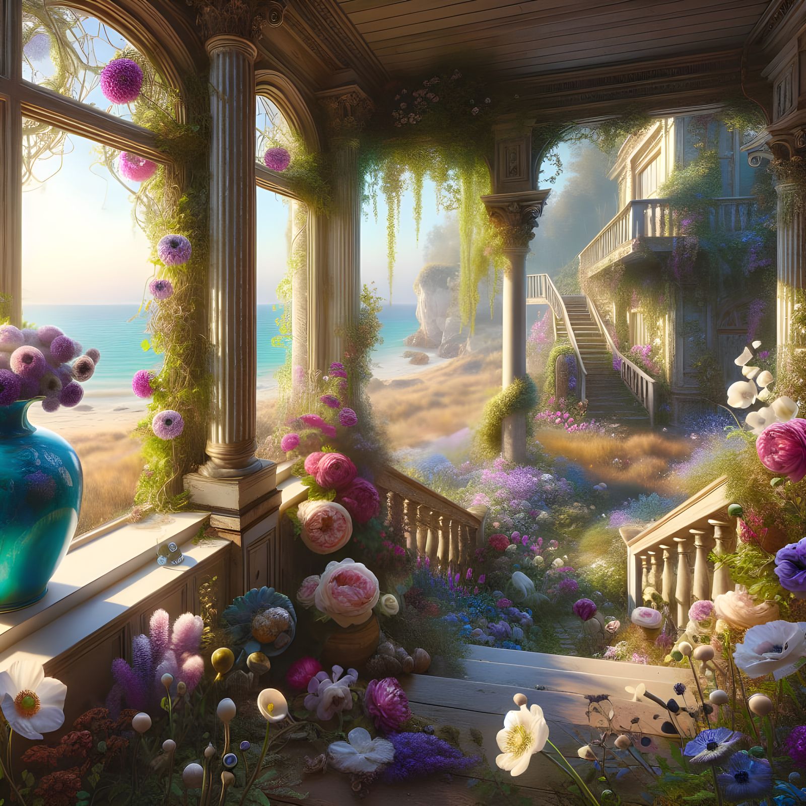 Surreal Victorian Veranda with Blue Vase and Lush Garden in ...