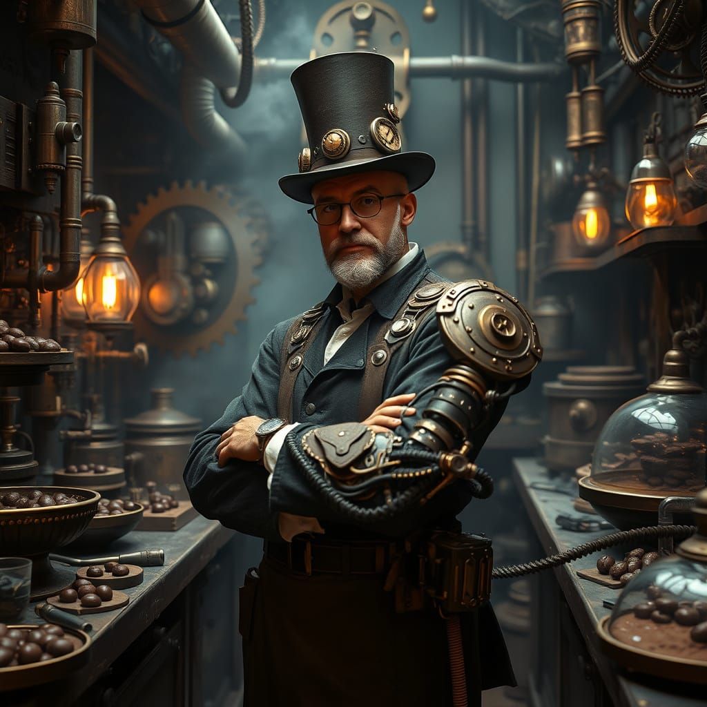 Steampunk Chocolatier in Workshop: Cinematic Film Still