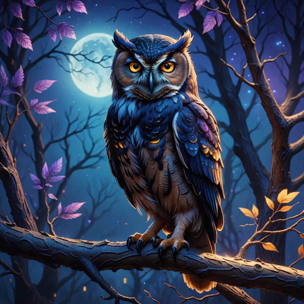 Fantasy Owl Perched on Branch in Oil Painting Style