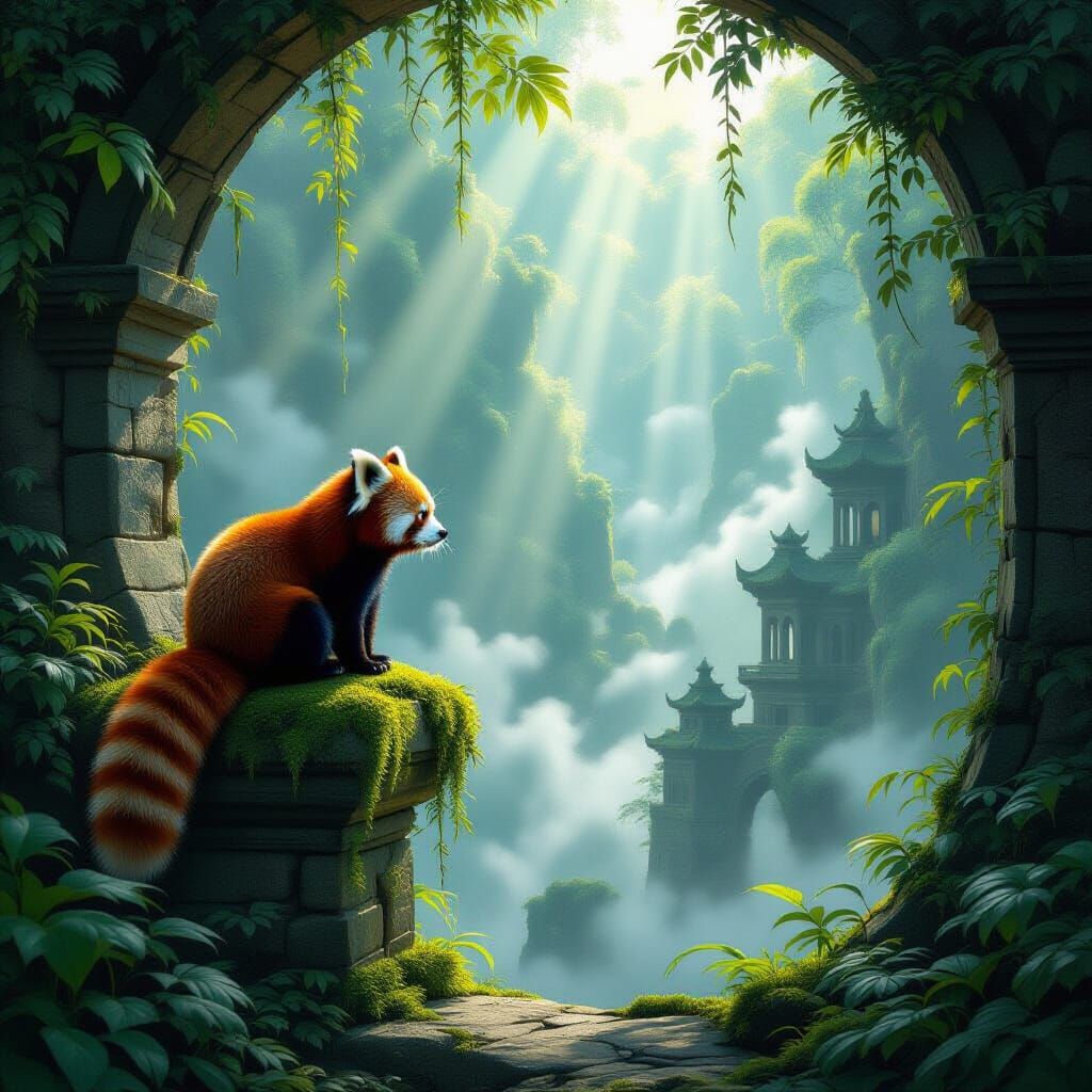 Red Panda on Ancient Archway in Misty Jungle Valley