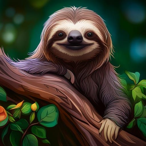 Cute Sloth Portrait with Flowers, Hyperdetailed Art
