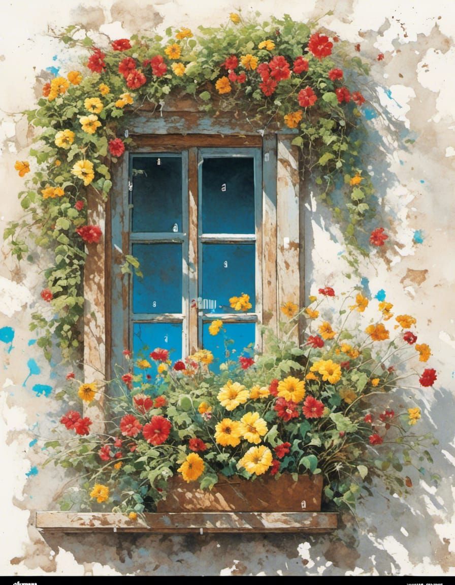 Floral Graffiti: Old Window with Bright Flowers