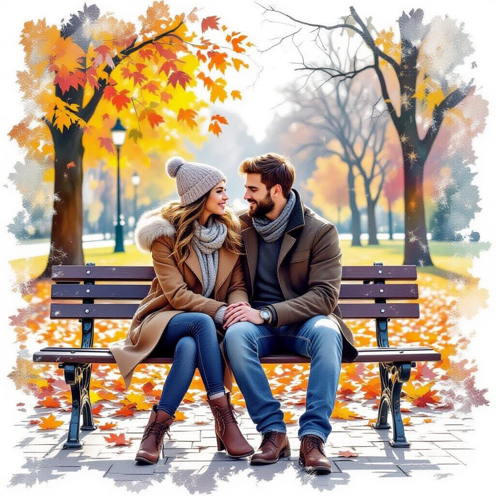 Lovers in Autumn Park: Collage with Watercolor and Fractals