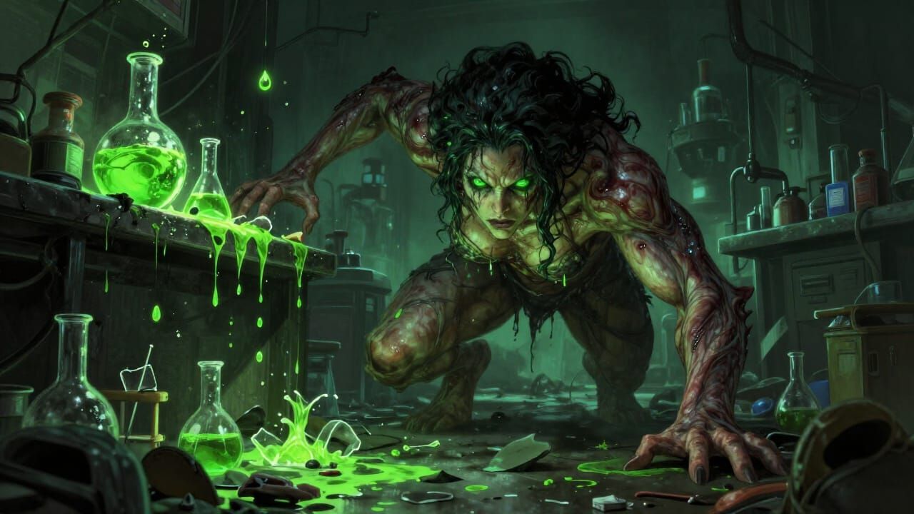 Muscular Beast Woman in Dark Fantasy Lab