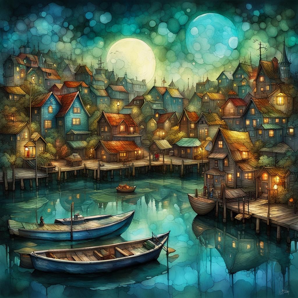 Seaside Village Splash-Art Illustration in Pop Art Style