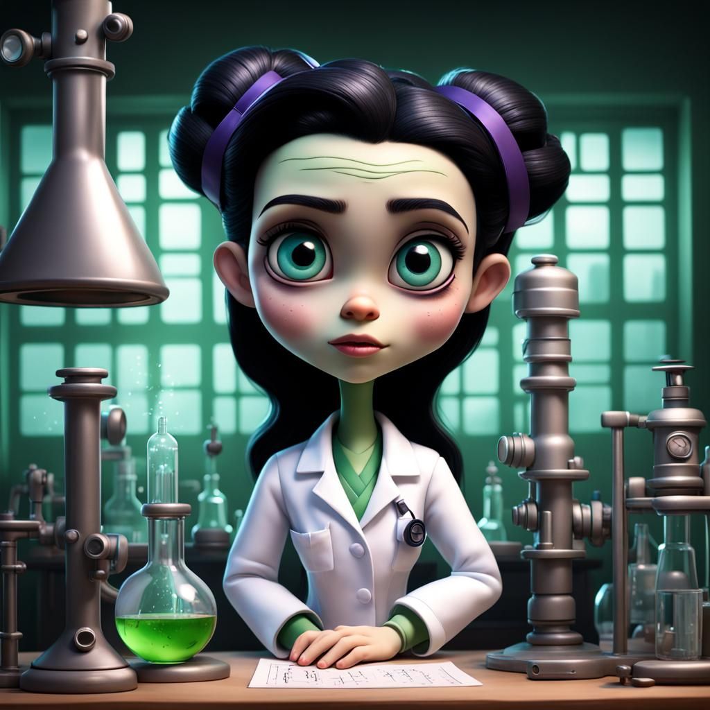Disney Pixar style 3D adorable female Doctor Frankenstein, in a science lab, big expressive eyes, Jasmine Becket-Griffit...