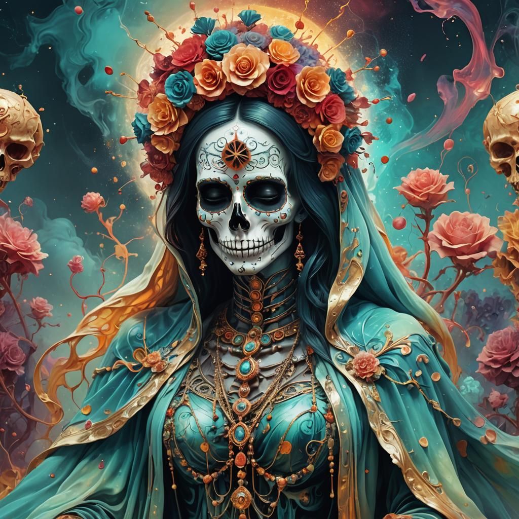Santa Muerte Digital Painting with Fluid Fractals