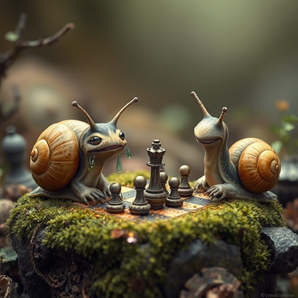 Snails Play Chess in Whimsical Fantasy Art