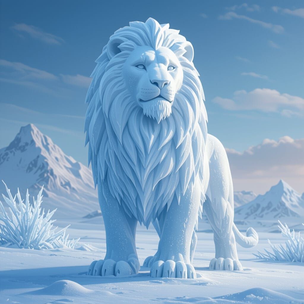 Majestic Ice Lion Sculpture in Sci-Fi Style