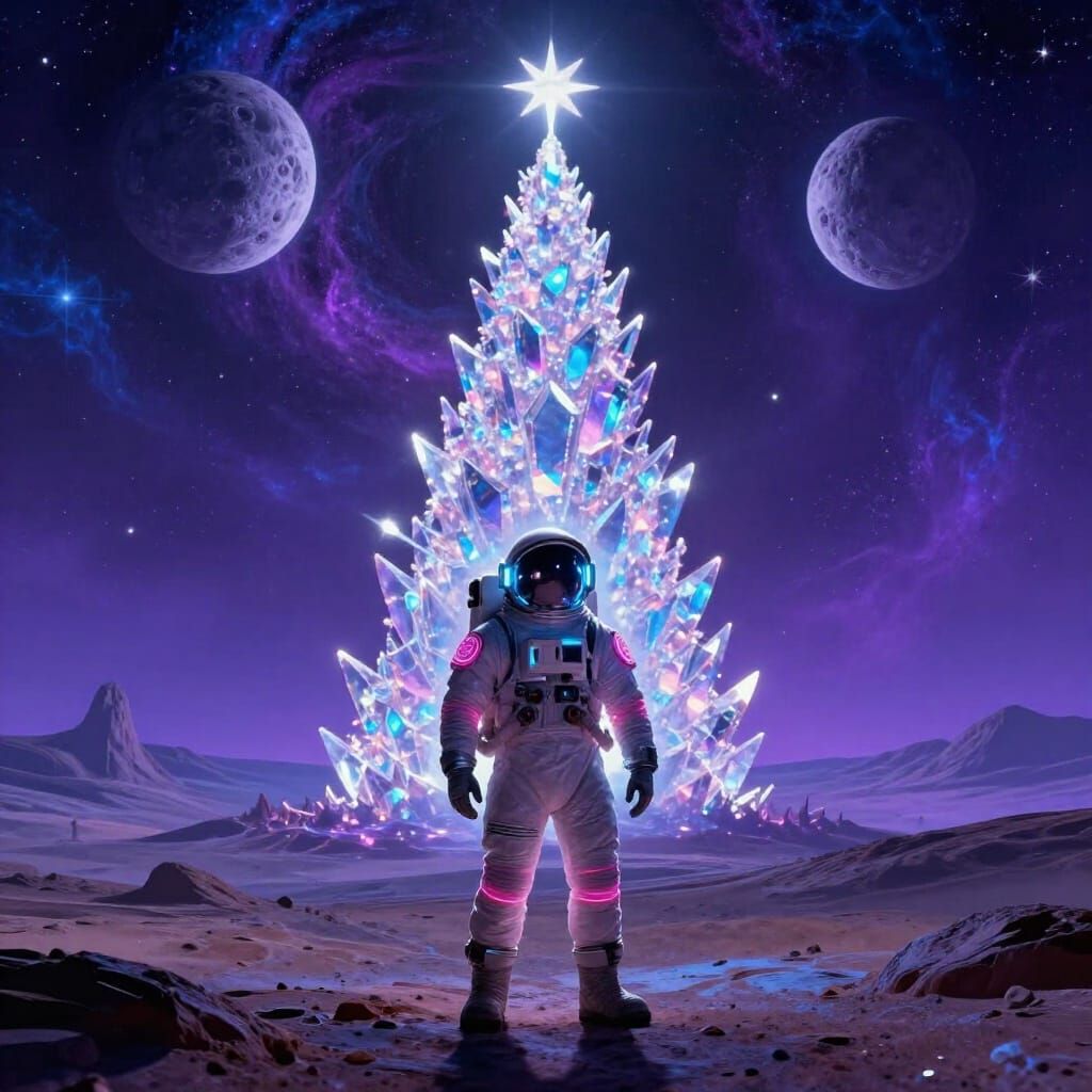 Astronaut on Alien Planet with Crystalline Christmas Tree