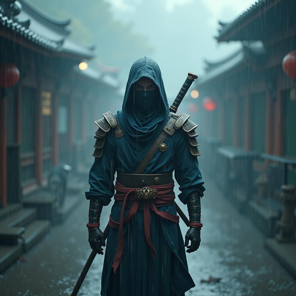 Ninja in Rainstorm Inspired by Anime Art