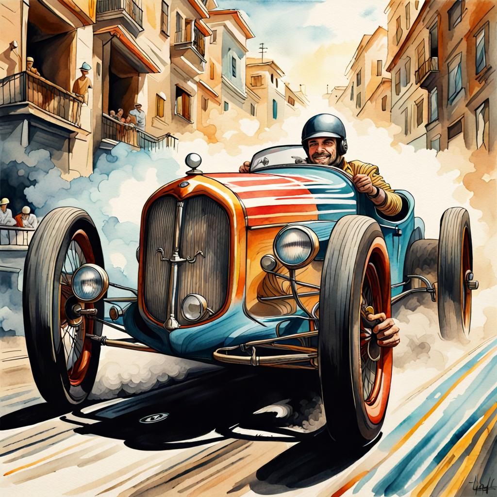 Antique Race Car with Evil Driver in Watercolor