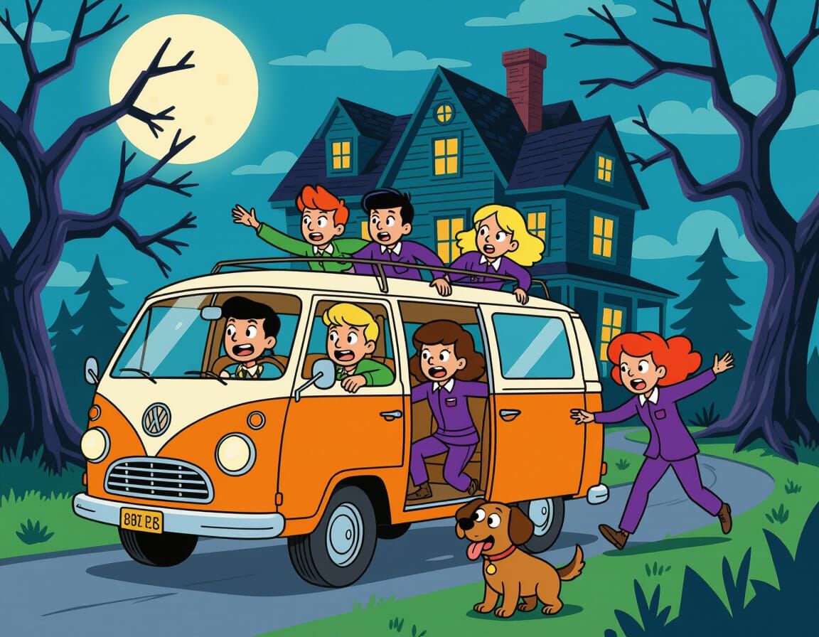 Mystery Teens and Dog in Retro Cartoon Style