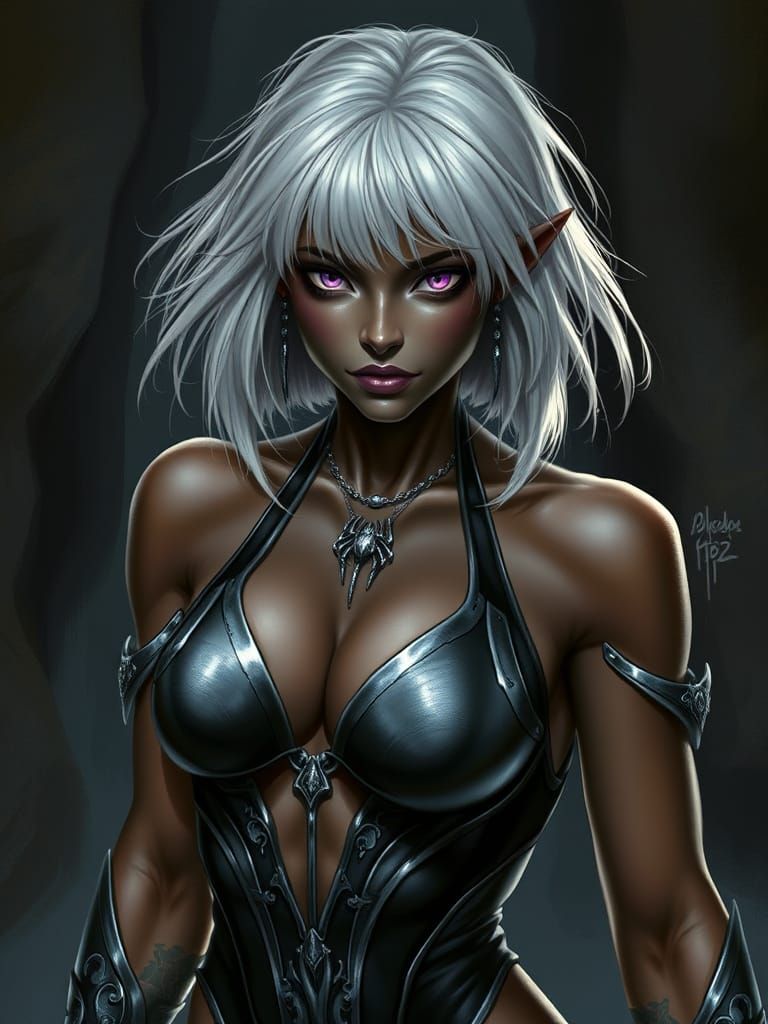 Drow Seductress in Dark Elf Lair, Fantasy Art