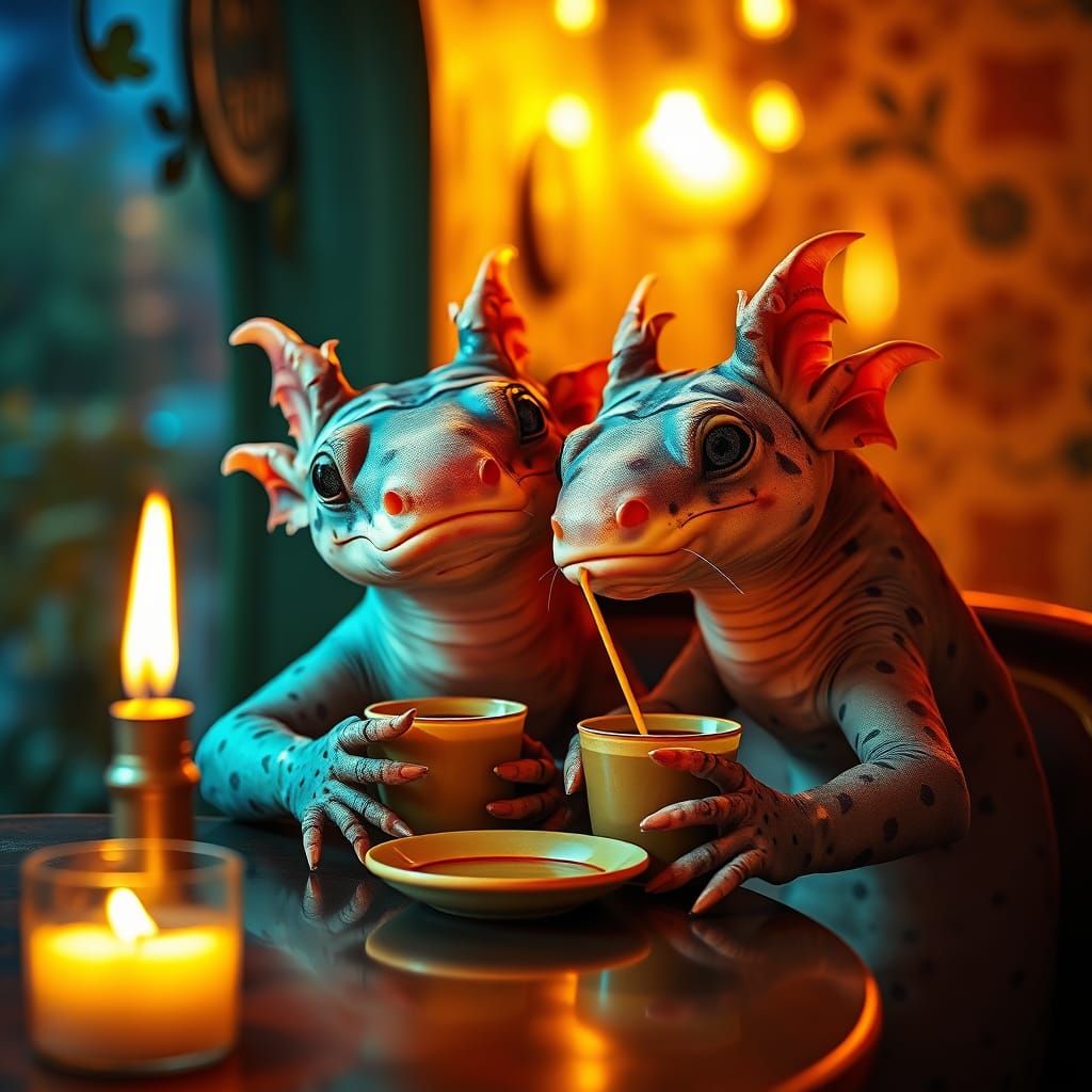Romantic Axolotls in Candlelit NightCafe Setting