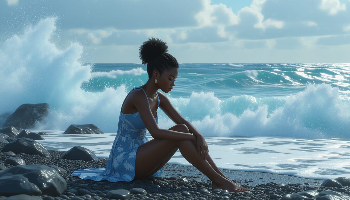 Melancholy Woman on Rocky Shoreline: Anime-Style 3D Render
