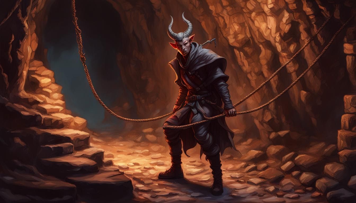 Hyperrealistic Tiefling Cuts Rope Bridge in Cavern