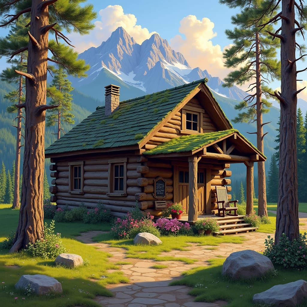 Mountain Cabin in Oil Painting Style
