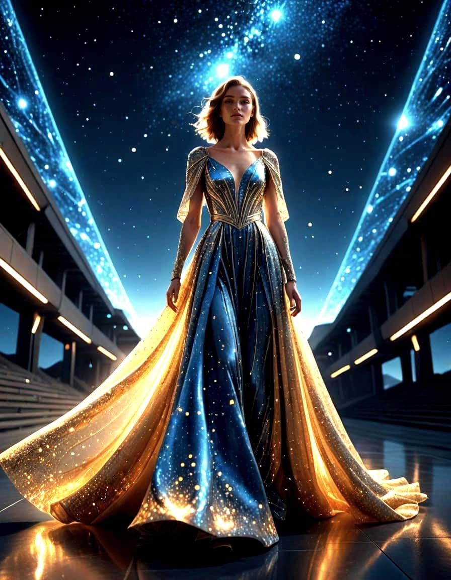 Glowing Celestial Fashion Model on Starlit Runway
