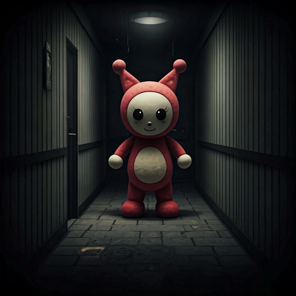 Amigurumi Entity in Grainy 1990s Backrooms Cinematic Still