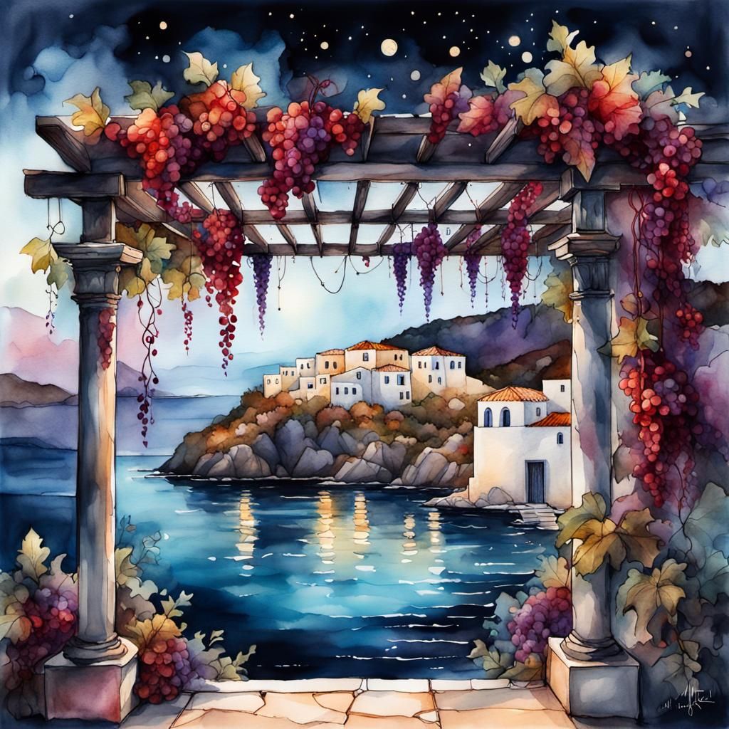 Greek Island Villa at Night in Watercolor