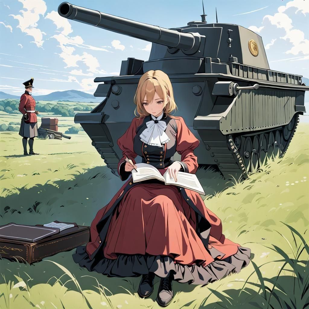 Woman in 19th Century Uniform Reading Manual