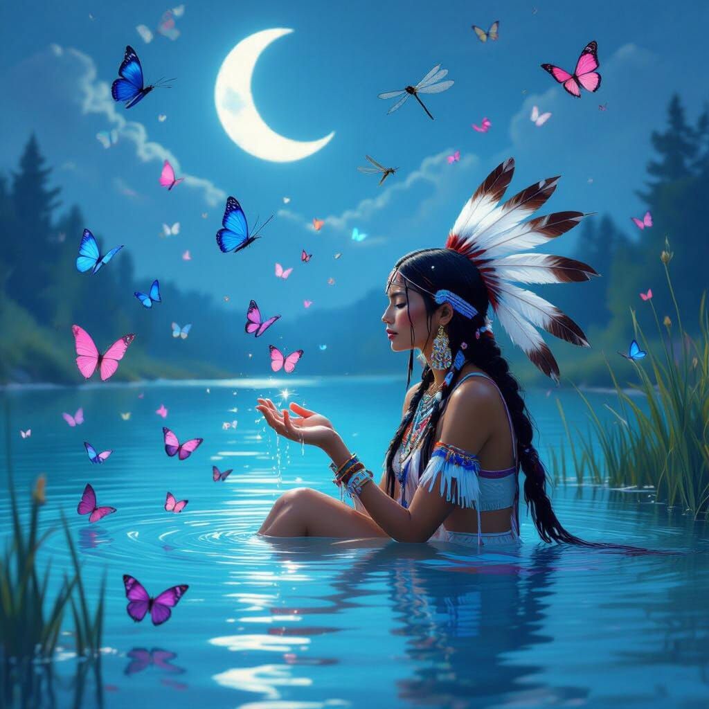 Ethereal Native American Woman in Butterfly Swarm