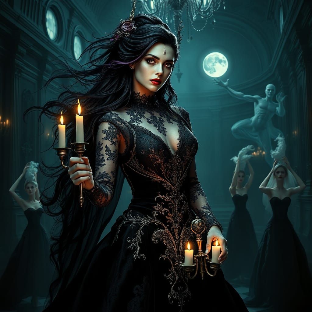 Gothic Woman in Ballroom with Spectral Dancers