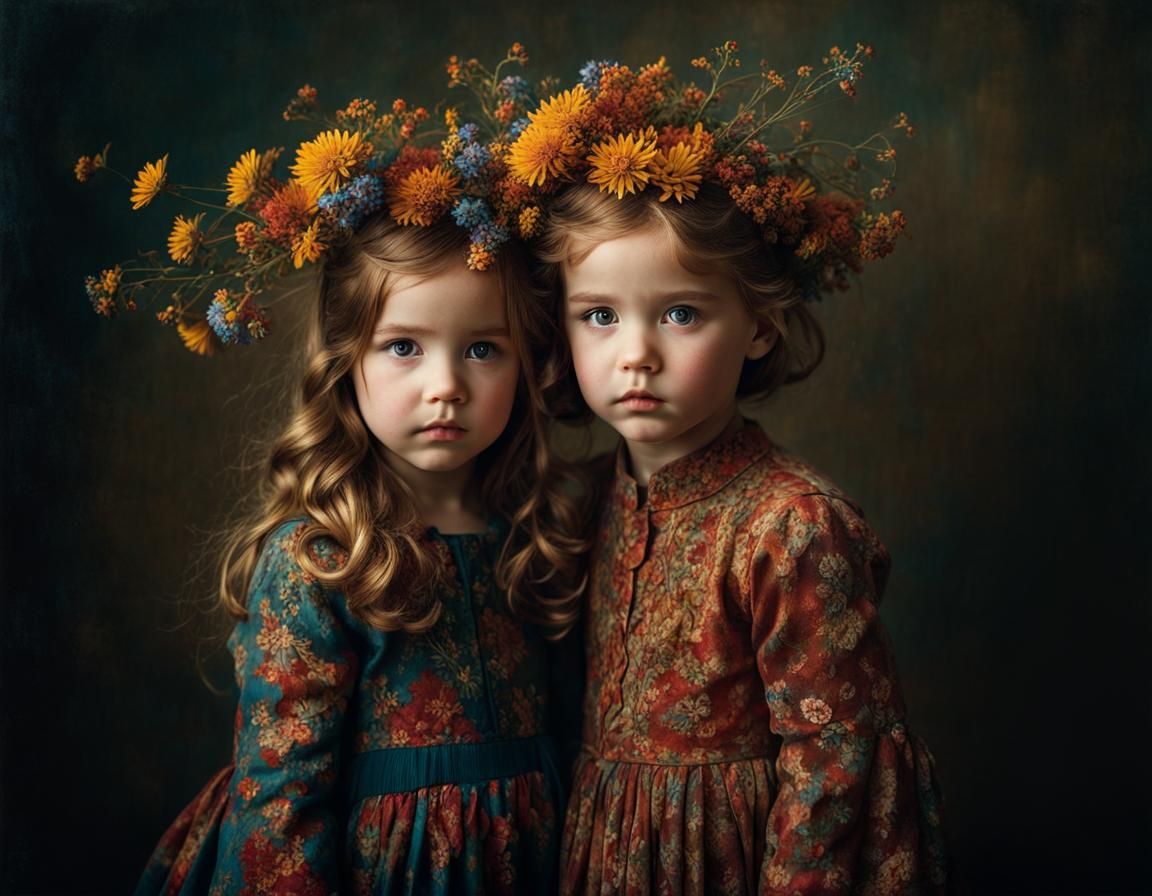 Toddler Siblings with Autumn Wildflowers: Detailed Portrait