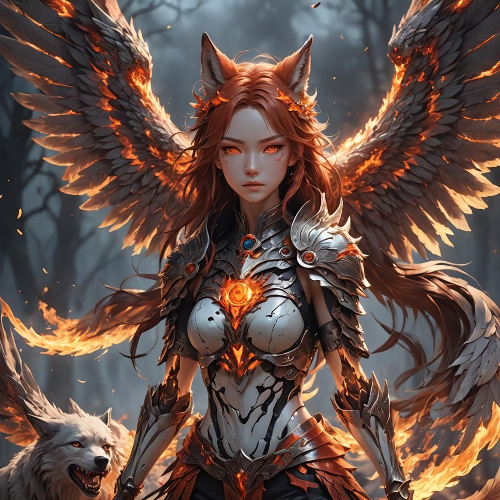 Fiery Winged Wolf Woman, 3D Anime Art